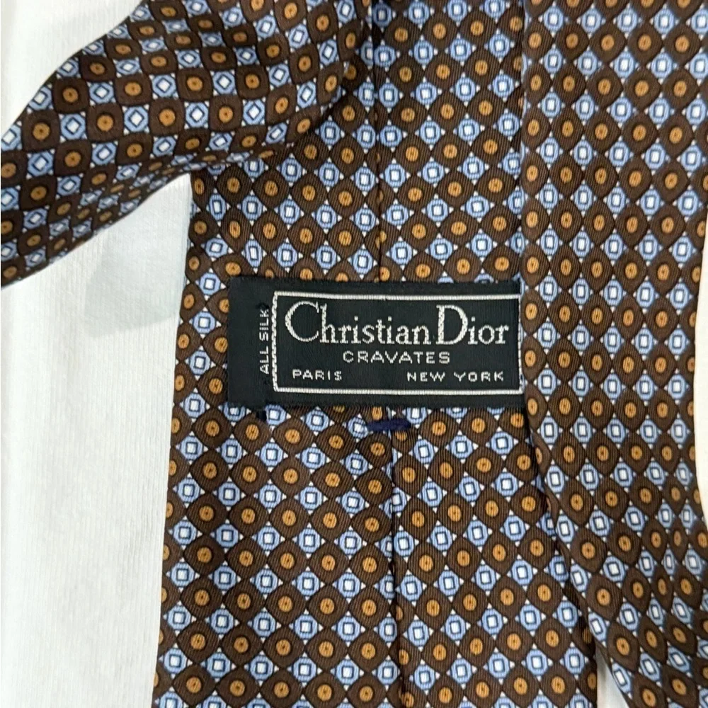 Vintage Christian Dior 100% Silk Slim Brown and Blue Geometric Men's Tie